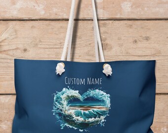 Personalized Tote Bag | Large weekender tote bag with your custom name or text | Heart shape wave design for ocean lovers gift | Beach Bag