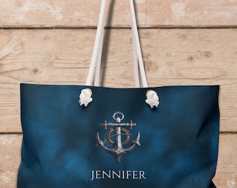 Sac personnalisé | Grand sac fourre-tout de week-end avec un design d'ancre nautique et un nom ou un texte personnalisé de votre choix