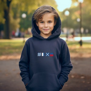 Personalized Nautical Flags Hooded Sweatshirt for Kids and Teens, Nautical hoodies in youth sizes, Custom maritime signal hoodie Navy