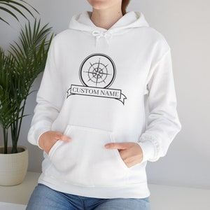 Personalized Compass Hoodie, Custom Name Nautical Hoodie, Boat Name Hoodie, Compass Hooded Sweatshirt, Boat Owner Gift, Sailor Gift image 1