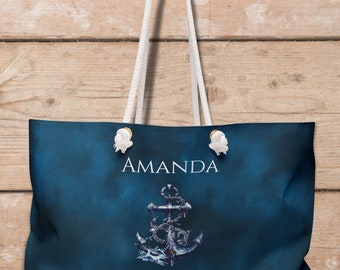 Sac fourre-tout personnalisé avec ancre et vague | Sac week-end avec nom personnalisé | Cadeau personnalisé pour les amoureux de la mer et de la mer
