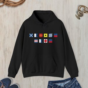 Personalized Nautical Flags Hooded Sweatshirt, Custom nautical flag hoodie, Maritime Flag, Captain hoodie, Maritime Signal sweatshirt Black