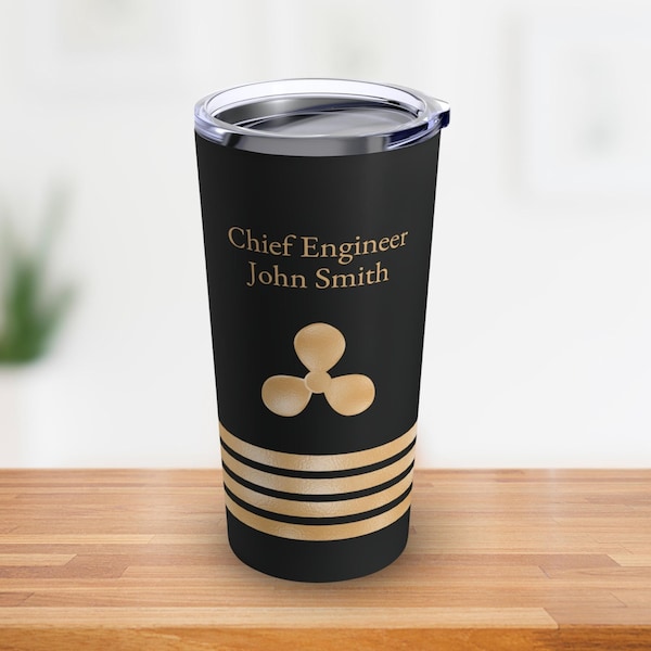 Personalized tumbler with nautical chief engineer insignia or epaulette, Ship engineer tumbler, Nautical Engineer Gift