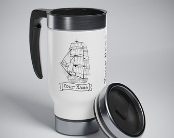 Sailing Ship Travel Mug, Stainless Steel Travel Mug with Handle, 14oz, Personalized coffee cup, Custom gift, Nautical travel mug gift