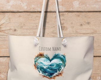 Personalized Tote Bag | Large weekender tote bag with your custom name or text | Heart shape wave design for ocean lovers gift | Beach Bag