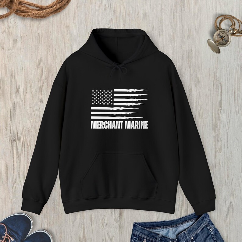 Merchant Marine hoodie, Merchant Mariner hooded sweatshirt, American Flag sweatshirt, Merchant Marines gift Black
