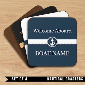 Set of 4 Quality Anchor Hardboard Back Coaster with Custom Boat Name, Boat Owner Gift, Boat Accessories, Nautical Coaster Set, Nautical Gift
