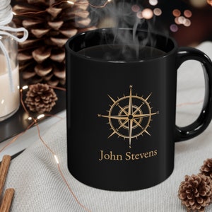 Personalized mug with nautical compass, Captain Mug, Boat Owner Mug, Nautical Gift, Black and gold mug image 3