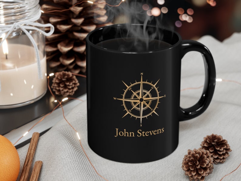 Personalized mug with nautical compass, Captain Mug, Boat Owner Mug, Nautical Gift, Black and gold mug image 3