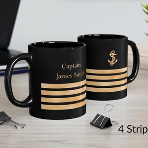 Personalized mug with ship captain insignia or epaulette, Ship Captain Mug, Deck Officer Mug, Captain Gift, Nautical Mug, Black and gold mug 4 Stripes