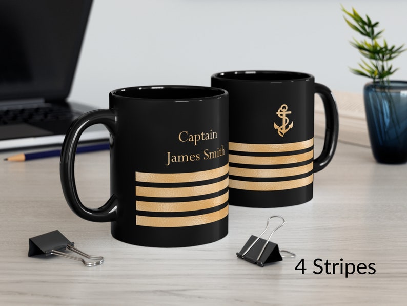 Personalized mug with ship captain insignia or epaulette, Ship Captain Mug, Deck Officer Mug, Captain Gift, Nautical Mug, Black and gold mug 4 Stripes