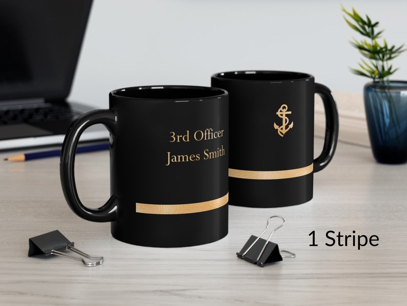Personalized mug with ship captain insignia or epaulette, Ship Captain Mug, Deck Officer Mug, Captain Gift, Nautical Mug, Black and gold mug 1 Stripe