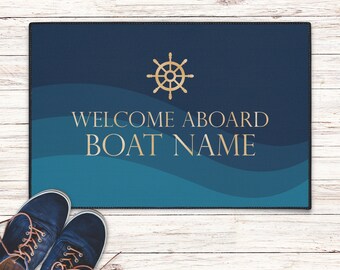 Boat welcome aboard mat, Outdoor heavy duty mat, Boat owner welcome mat, Custom personalized boat gift for sailors, Nautical mat boat owners