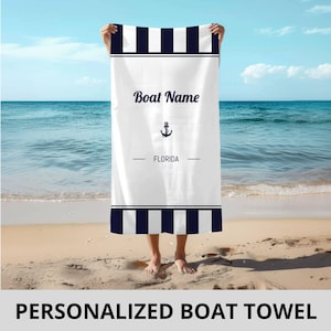 Personalized Boat Towel with Name & Location | Nautical Gift for Sailors, Yacht Owners, Boaters | Custom Anchor Beach Towel