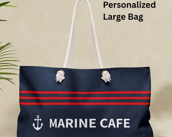 Bolsa de fin de semana náutica personalizada, bolso tote con rayas de ancla azul marino y rojo, bolso de vela personalizado, regalo náutico, bolso para crucero o yate