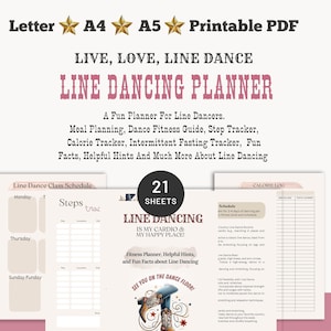 Könnte beinhalten: Ein druckbarer Line-Dance-Planer mit 21 Blättern. Der Planer ist in einem rosa und weißen Farbschema mit einer Cowboy-Stiefel-Illustration gehalten. Der Planer enthält Abschnitte für Line-Dance-Kurspläne, Schritte, Kalorienprotokolle und hilfreiche Tipps. Der Text "Live, Love, Line Dance" und "Line Dancing Planner" ist in einer rosa und weißen Schriftart gehalten.