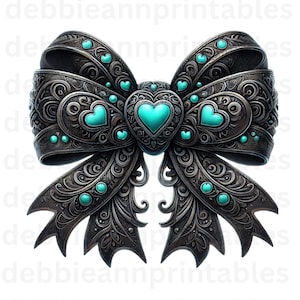 Bows png, Bow Clipart, Western png, Cowgirl Bow png, Leather Bow Shirt Graphic png, Western Aesthetic png, Turquoise and Black Leather bow