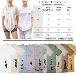 May include: A product photo showcasing a variety of unisex t-shirts in various colors, including white, natural, and lilac. The image also displays a size chart with measurements in inches for body length, chest width, and neck size. The shirts are labeled as lightweight and 100% cotton.