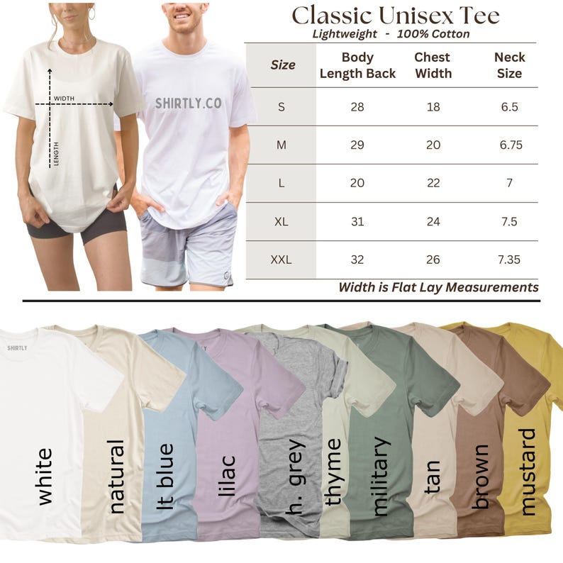 May include: A product photo showcasing a variety of unisex t-shirts in various colors, including white, natural, and lilac. The image also displays a size chart with measurements in inches for body length, chest width, and neck size. The shirts are labeled as lightweight and 100% cotton.