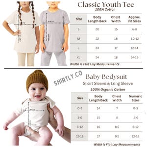May include: The image showcases a Classic Youth Tee and Baby Bodysuit size chart. The youth tee chart includes sizes S-XL with measurements in inches. The baby bodysuit chart provides sizes 0-3 to 12-18 months, also in inches. The text "SHIRTLY.CO" is visible.