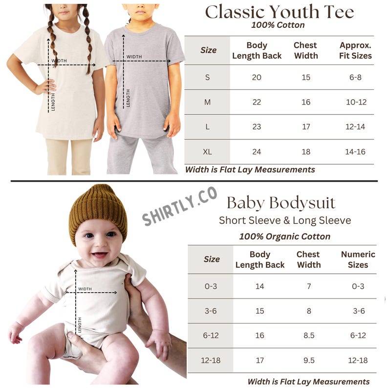 May include: The image showcases a Classic Youth Tee and Baby Bodysuit size chart. The youth tee chart includes sizes S-XL with measurements in inches. The baby bodysuit chart provides sizes 0-3 to 12-18 months, also in inches. The text "SHIRTLY.CO" is visible.