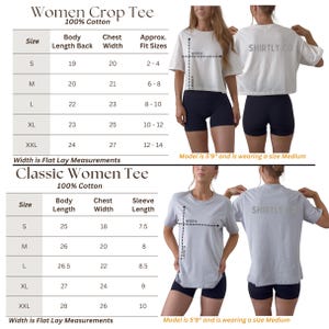 May include: Image features size charts for women's crop tees and classic tees, both 100% cotton. Charts detail body length, chest width, and approximate fit sizes. Models are shown wearing the shirts. The text "SHIRTLY.CO" is visible.