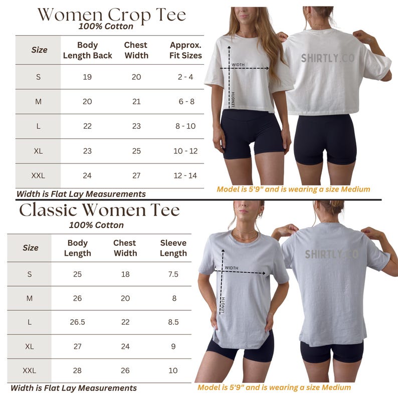 May include: Image features size charts for women's crop tees and classic tees, both 100% cotton. Charts detail body length, chest width, and approximate fit sizes. Models are shown wearing the shirts. The text "SHIRTLY.CO" is visible.