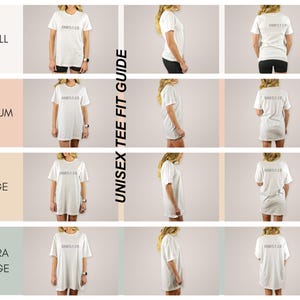 May include: A white unisex t-shirt fit guide with four sizes: Small, Medium, Large, and Extra Large. Each size is shown from the front, side, and back. The t-shirts have the text "SHIRTLY.CO" printed on the front and back.