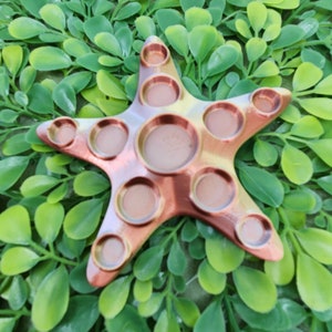 May include: A copper-colored starfish-shaped fidget toy with nine dimpled circles. The toy is made of a smooth, shiny material and has a slightly textured surface.