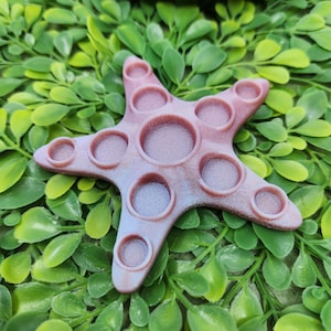 May include: A pink and iridescent star-shaped silicone fidget toy with multiple circles that can be pushed in and out.