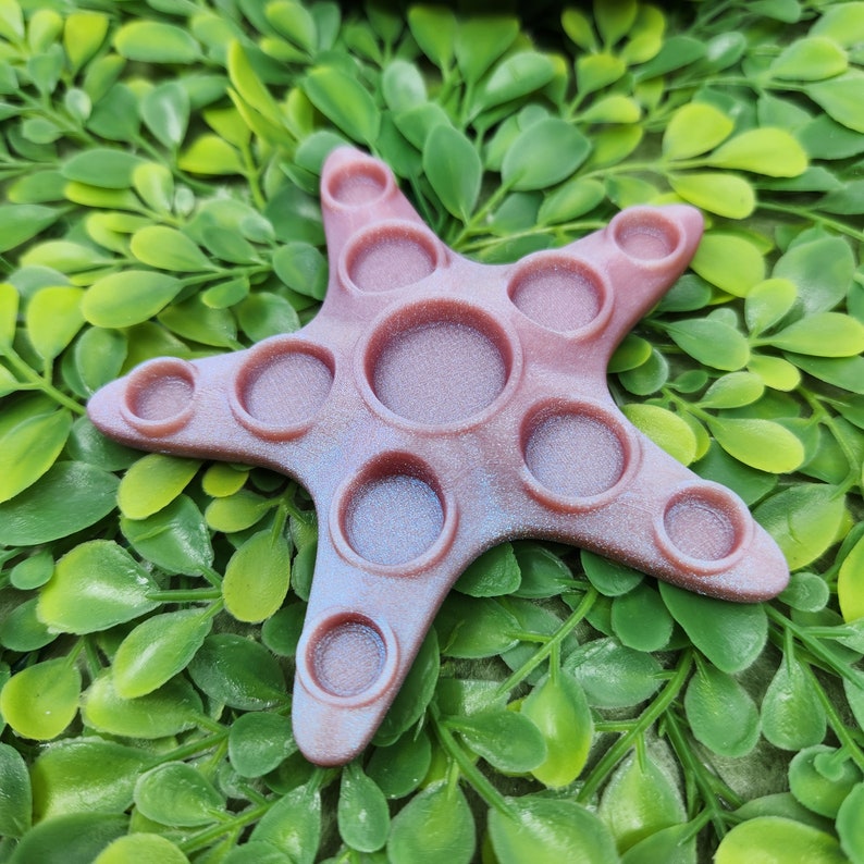 May include: A pink and iridescent star-shaped silicone fidget toy with multiple circles that can be pushed in and out.