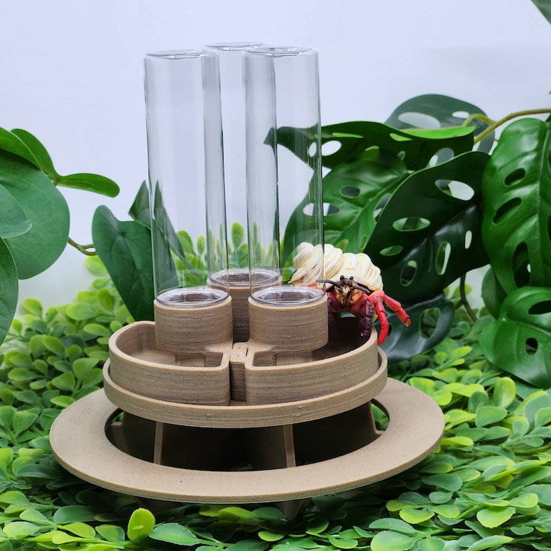 May include: A tan, circular, multi-tiered stand featuring three vertical clear glass tubes arranged in a cluster. A small, red-legged hermit crab with a white spiral shell is positioned near the base of one of the glass tubes.