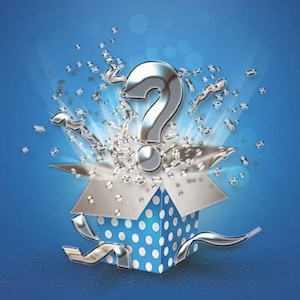May include: A blue and white polka dot gift box with a silver question mark popping out of it. The box is surrounded by silver confetti.