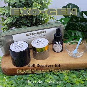 May include: An Exo-Gen Molt Recovery Kit with a green zippered pouch, two jars of powder and butter, a dropper bottle, a small glass bowl, and a blue spoon. The kit includes the text "Rebuild * Restore * Recharge".
