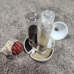 May include: A beige circular feeding station with three clear vertical cylinders containing different colored sands, accompanied by a small hermit crab with a textured tan shell and a separate white plastic funnel accessory.
