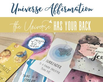 Puede incluir: Un conjunto de tarjetas de afirmación con fondos de acuarela y mensajes inspiradores. Las tarjetas presentan frases como "Ríndete a un poder superior a ti." y "Hay una corriente de amor que apoya mis sueños."