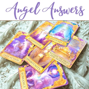 Pode incluir: Um conjunto de cartas de oráculo de anjos com bordas douradas e várias ilustrações. As cartas apresentam frases como "Take Action", "Opportunity" e "Recovery". As palavras "Angel Answers" estão escritas em itálico no topo.