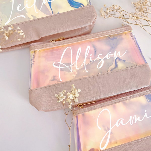 Makeup Bag for Galentines day gift, valentines day gift, Rose Gold holographic makeup organizer, personalized gifts, gifts for her