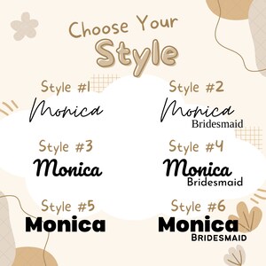 May include: Six different styles of the name "Monica" are shown in a beige background with brown accents. The text is in different fonts and sizes. The text "Choose Your Style" is at the top of the image.