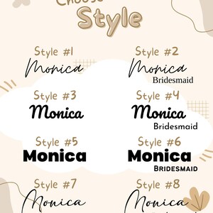 May include: Eight different styles of the name "Monica" in various fonts and sizes. The name is displayed in black text on a beige background with brown abstract shapes.