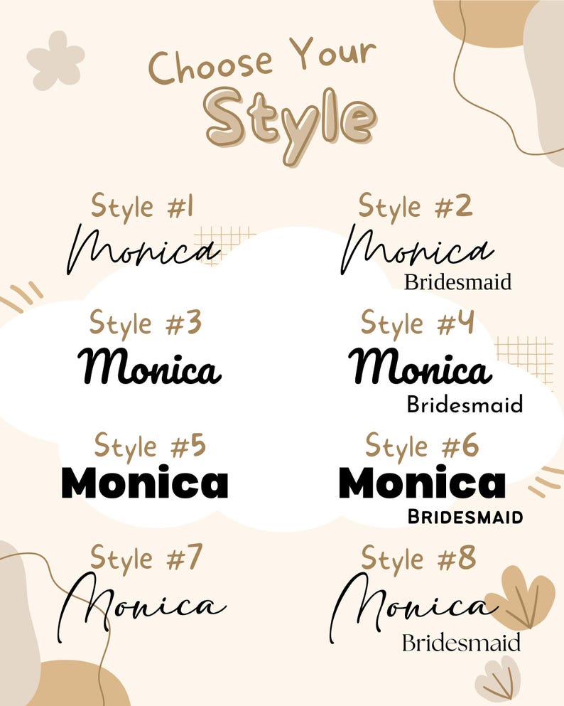 May include: Eight different styles of the name "Monica" in various fonts and sizes. The name is displayed in black text on a beige background with brown abstract shapes.