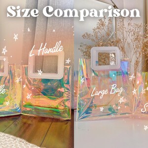 May include: Size comparison of three iridescent clear plastic bags with white handles and white text. The bags are labeled "Large Bag", "L Handle", and "S Handle".