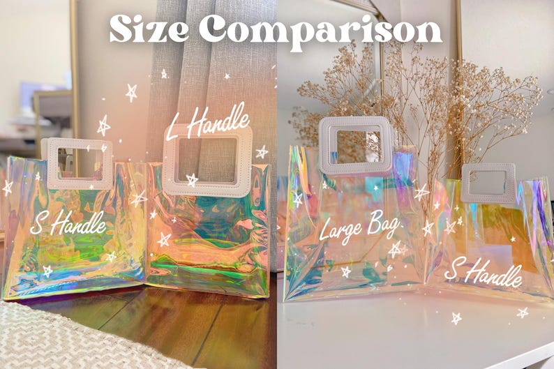 May include: Size comparison of three iridescent clear plastic bags with white handles and white text. The bags are labeled "Large Bag", "L Handle", and "S Handle".