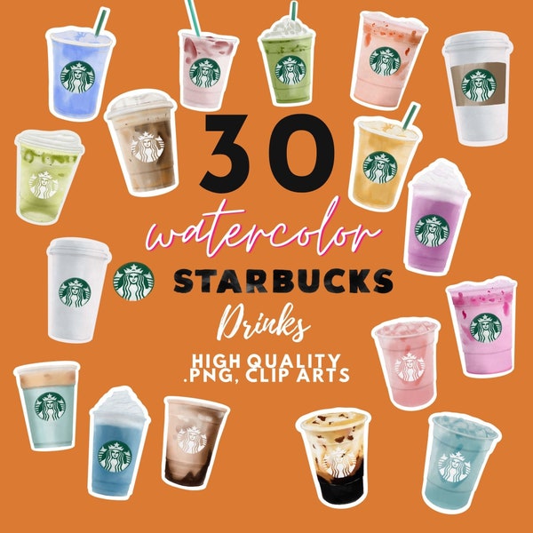 21 Starbucks Cups PNG Autumn Clip Art, digital download printable watercolor drinks for sticker, journal, planner, notability, marketing