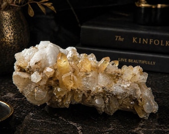 Golden Quartz Cluster with White Calcite | Natural Mineral Specimen | Honey Quartz Points | Raw Crystal Display Piece