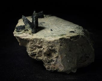 Ejemplar de epidota en feldespato / Cristal de epidota negra natural sobre matriz / Piedra de conexión a tierra y crecimiento / Exhibidor de minerales de colección de 81 mm
