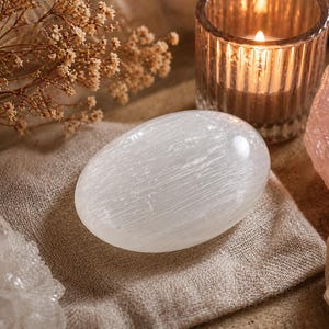 Selenite Satin Spar Palm Stone: Ethically Sourced Crystal for Cleansing, Reiki