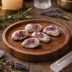 May include: A wooden plate holds several rough-cut stones with pink and white coloration. A lit candle, sprigs of rosemary, and a crystal are also visible. The image is styled with a natural, earthy aesthetic.