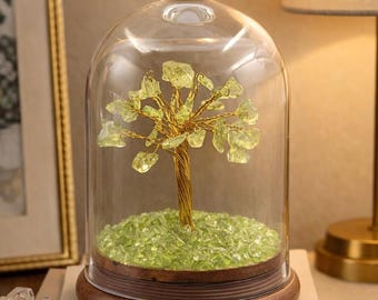 Peridot Crystal Tree Under Glass Cloche – Handcrafted Gemstone Decor