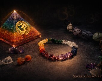 Conjunto de cristales para los chakras: Pirámide, dije para el auto, pulseras, pendientes.